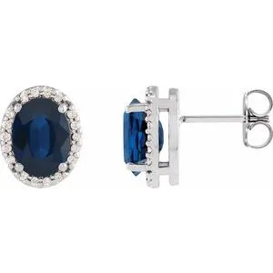 14K White 5x3 mm Lab-Grown Blue Sapphire & .04 CTW Natural Diamond Halo-Style Earring