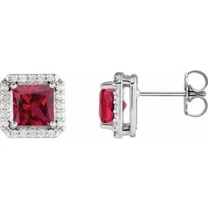 14K White 5x5 mm Lab-Grown Ruby 1/6 CTW Natural Diamond Halo-Style Earrings