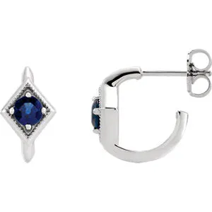 14K White Blue Sapphire Geometric J-Hoop Earrings