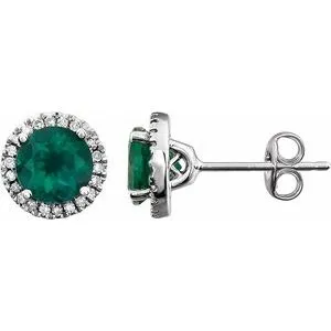 14K White Created Emerald & 1/8 CTW Diamond Earrings