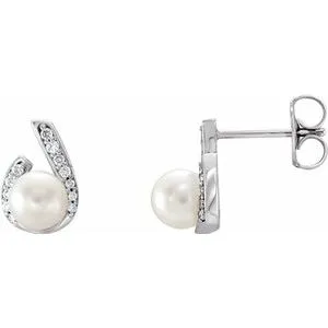 14K White  Freshwater Pearl & 1/10 CTW Diamond Earrings