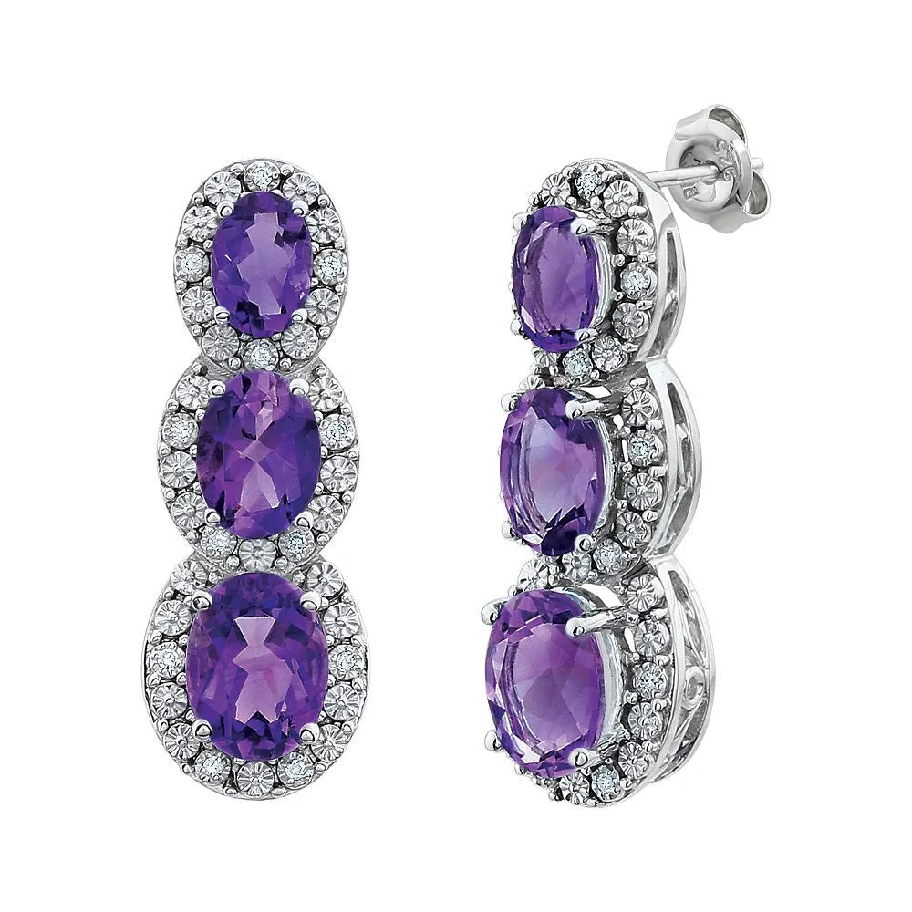 14k White Gold Amethyst & .07 CTW Diamond 3-Stone Earrings