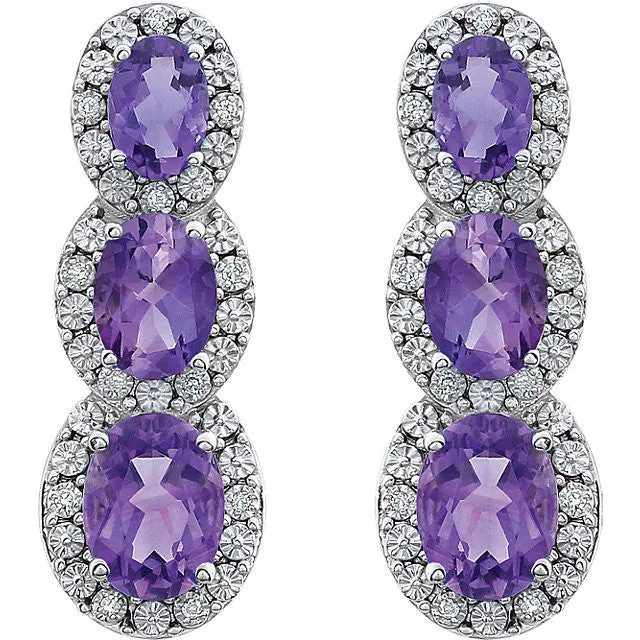 14k White Gold Amethyst & .07 CTW Diamond 3-Stone Earrings