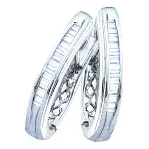 14K White Gold Baguette Diamond Hoop Earrings 1.00 Cttw