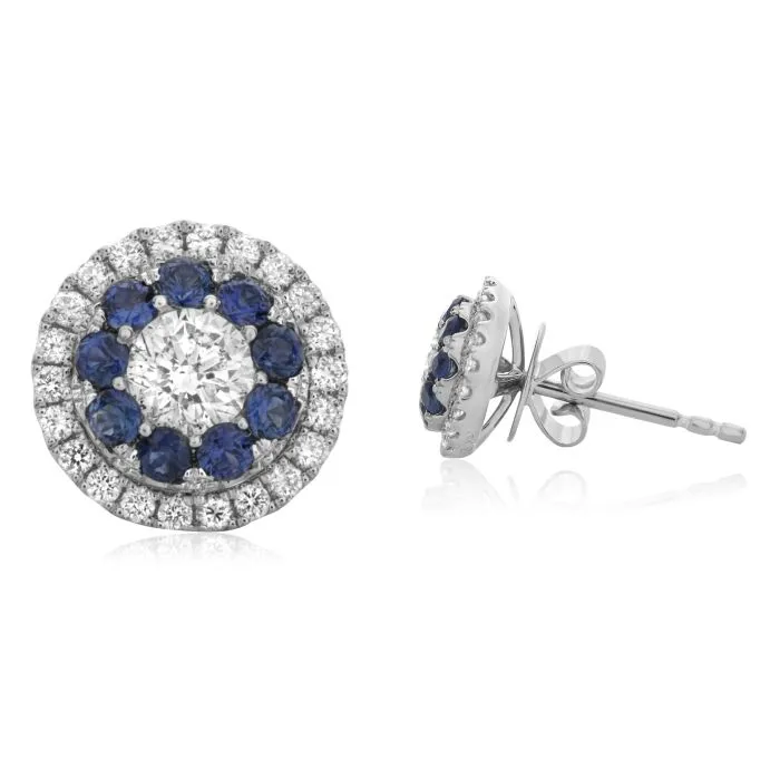 14K White Gold Blue Sapphire and Diamond Stud Earrings