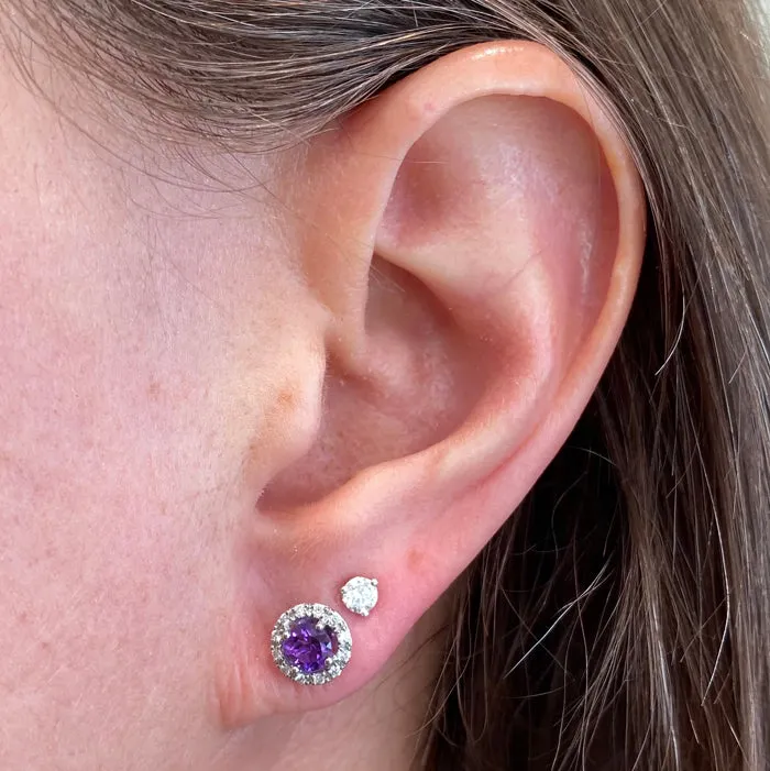 14K White Gold Diamond Halo Amethyst Stud Earrings .64 Carats