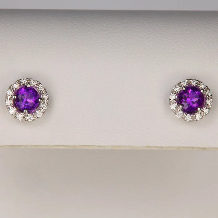 14K White Gold Diamond Halo Amethyst Stud Earrings .64 Carats