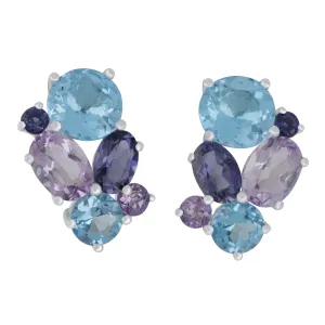 14k White Gold Multi Blue Topaz, Pink Amethyst, Iolite and Diamond Earrings, BT=4.70tw PAM =1.80tw IOL=1.00 tw Supports Captain's for Clean Water
