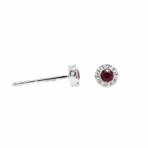14K White Gold Round Ruby and Diamond Halo Stud Earrings