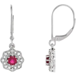 14k White Gold Ruby & 1/8 CTW Diamond Halo-Style Earrings