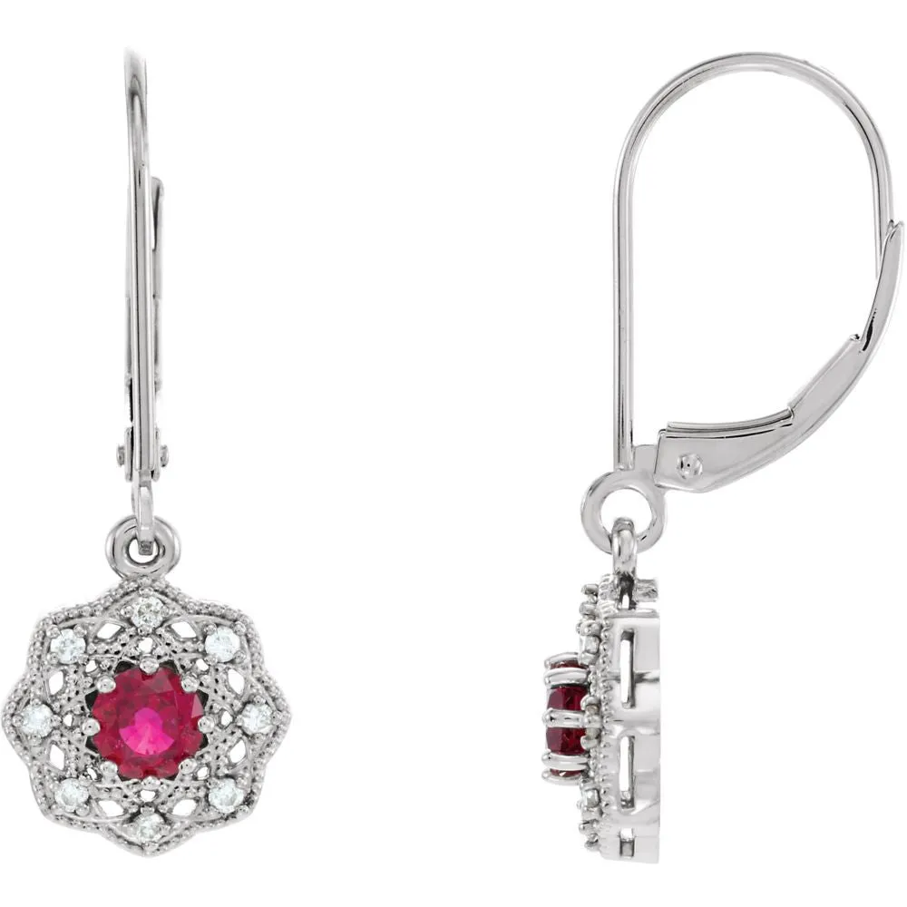 14k White Gold Ruby & 1/8 CTW Diamond Halo-Style Earrings