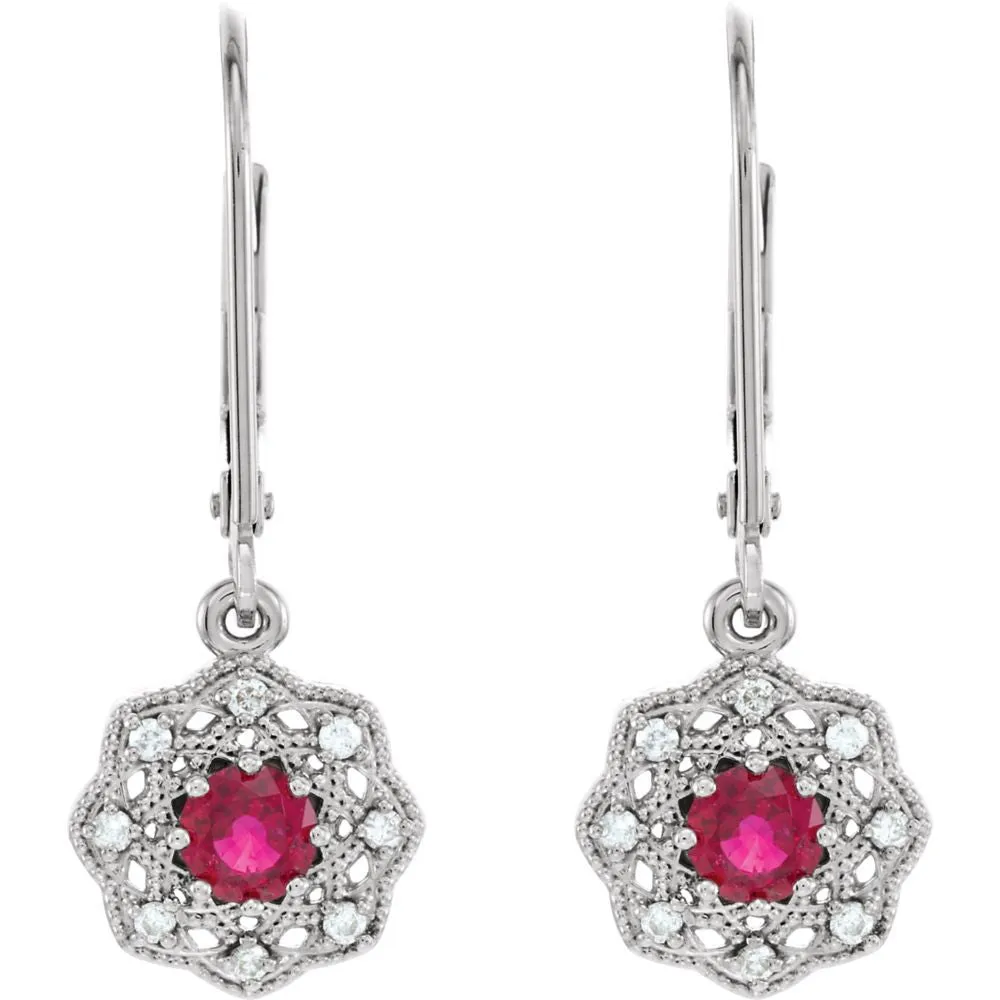 14k White Gold Ruby & 1/8 CTW Diamond Halo-Style Earrings