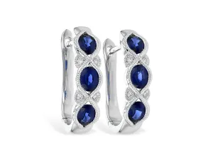 14K White Gold Vintage Inspired Oval Blue Sapphire & Diamond Huggie Earrings