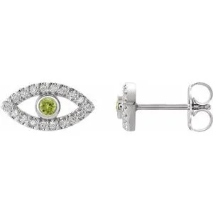 14K White Natural Peridot & Natural White Sapphire Evil Eye Earrings