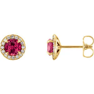 14K Yellow 4.5 mm Round Chatham® Created Ruby & 1/6 CTW Diamond Earrings