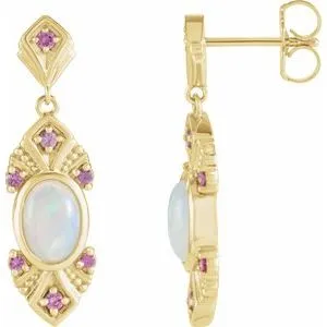 14K Yellow Ethiopian Opal & Pink Sapphire Vintage-Inspired Earrings