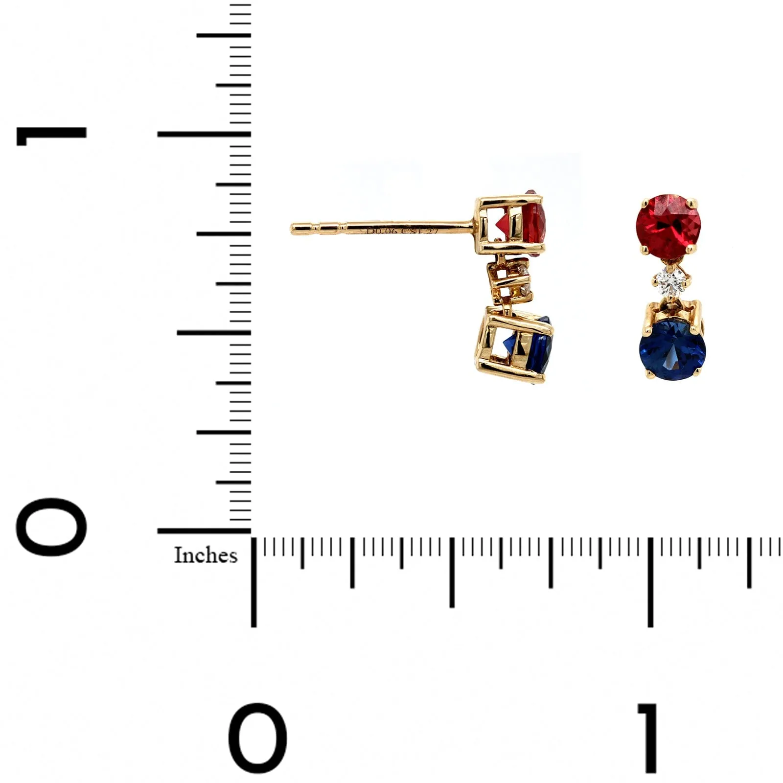 14K Yellow Gold 3 Stone Ruby, Sapphire, and Diamond Earrings