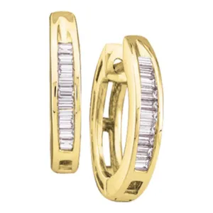 14K Yellow Gold Baguette Diamond Huggie Earrings 1/6 Cttw
