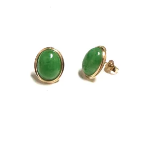 14K Yellow Gold Bezel Set Oval Jade Stud Earrings