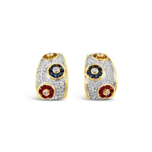 14K Yellow Gold Diamond, Ruby, and Blue & Yellow Sapphire Flower Estate Earrings