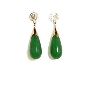 14K Yellow Gold Pear Shaped Jade Lucky Dangle Earrings
