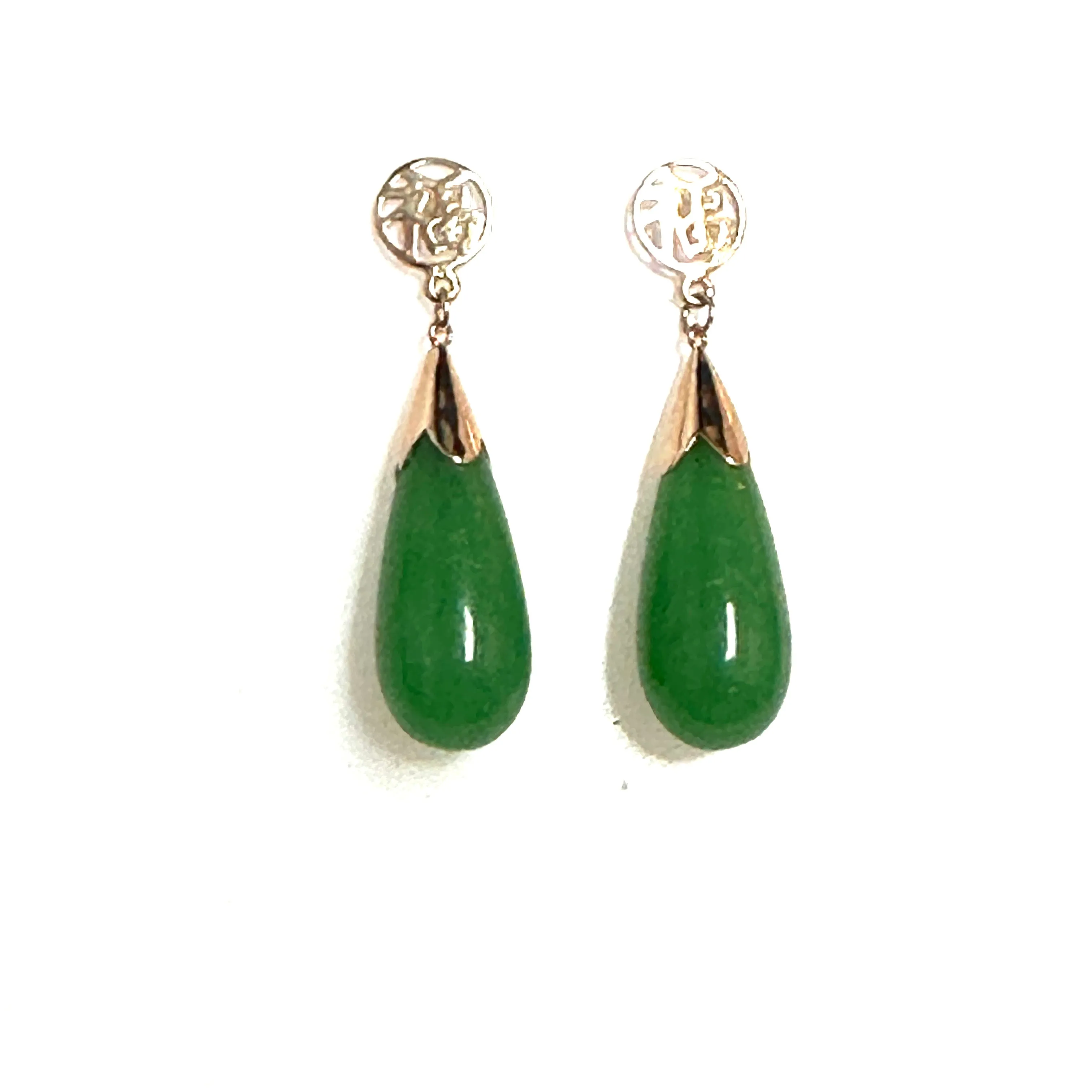 14K Yellow Gold Pear Shaped Jade Lucky Dangle Earrings