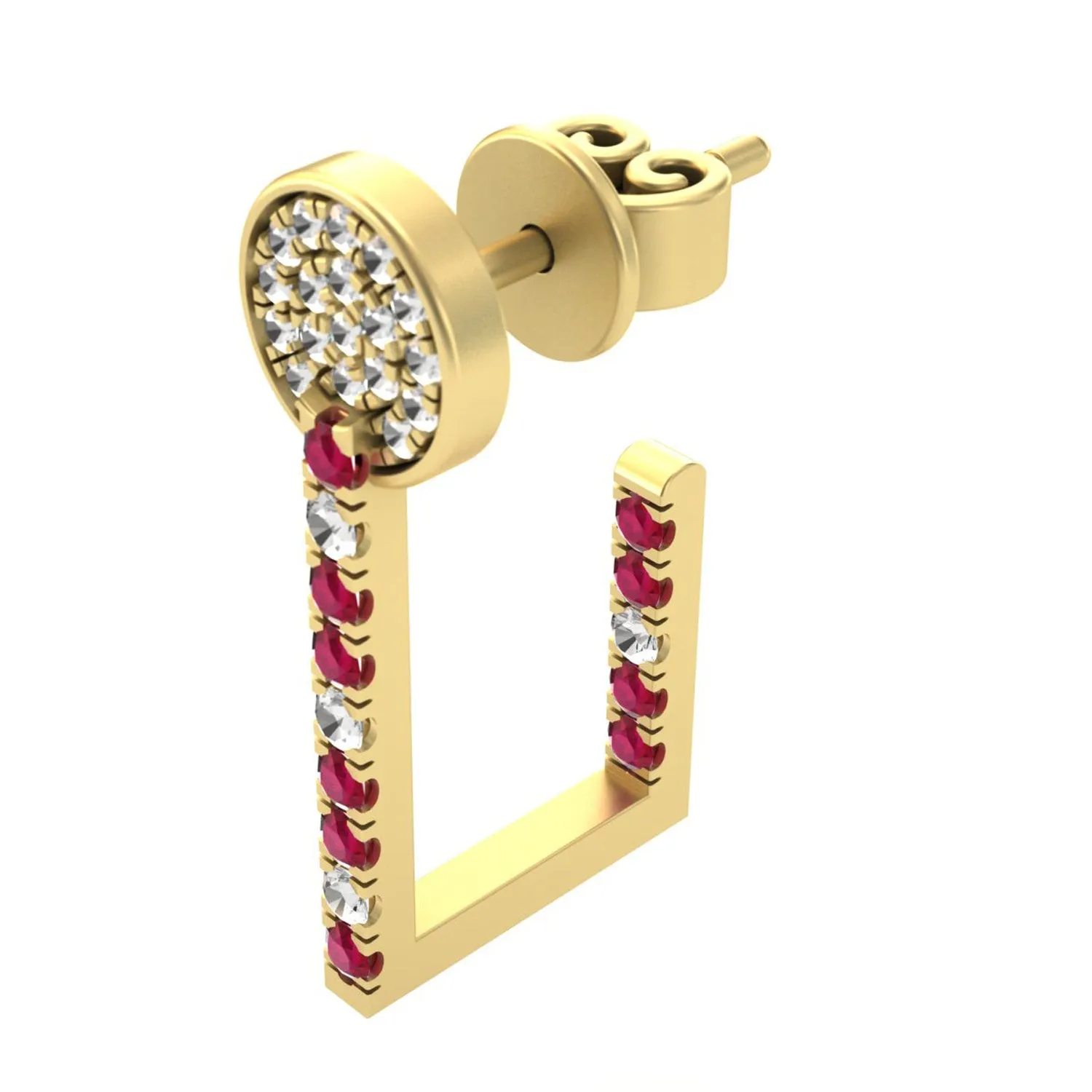 14K Yellow Gold Prong Ruby Pave Diamond Designer Hoop Earrings