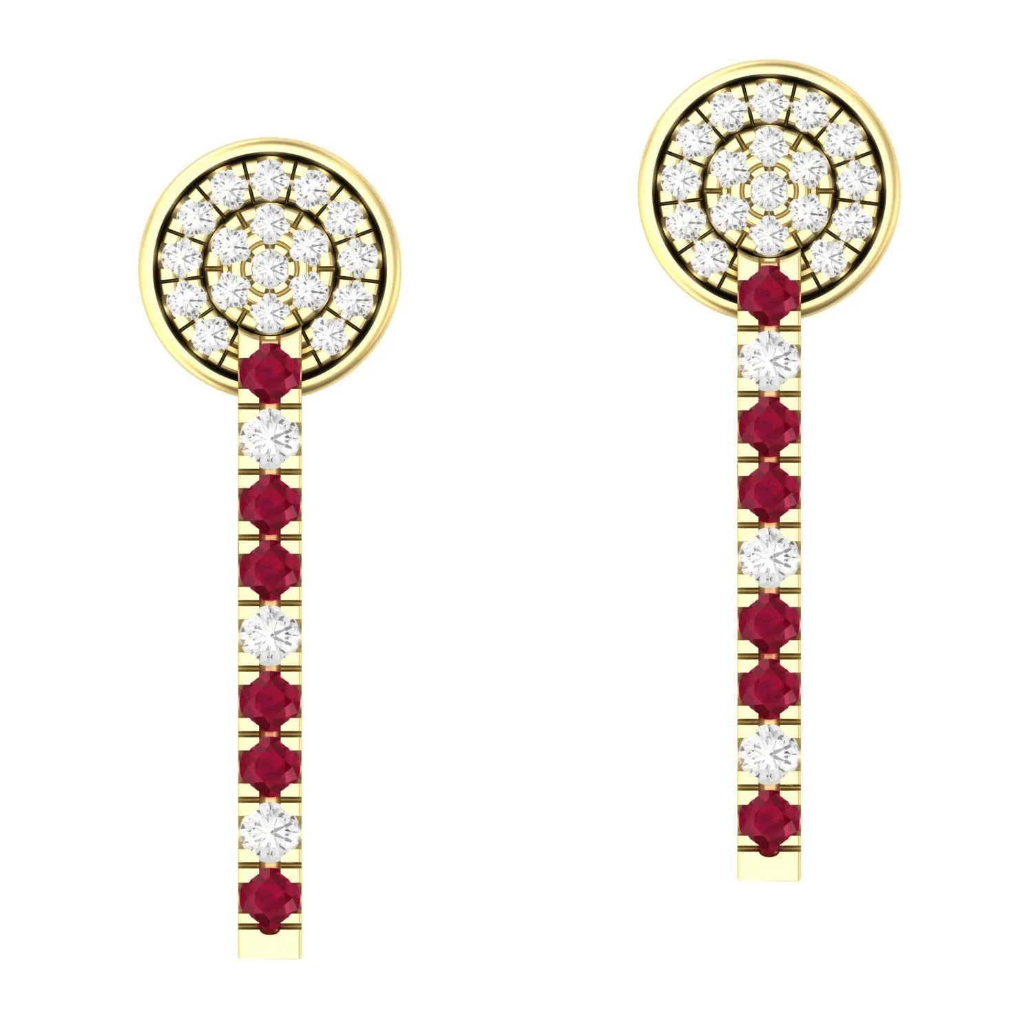 14K Yellow Gold Prong Ruby Pave Diamond Designer Hoop Earrings