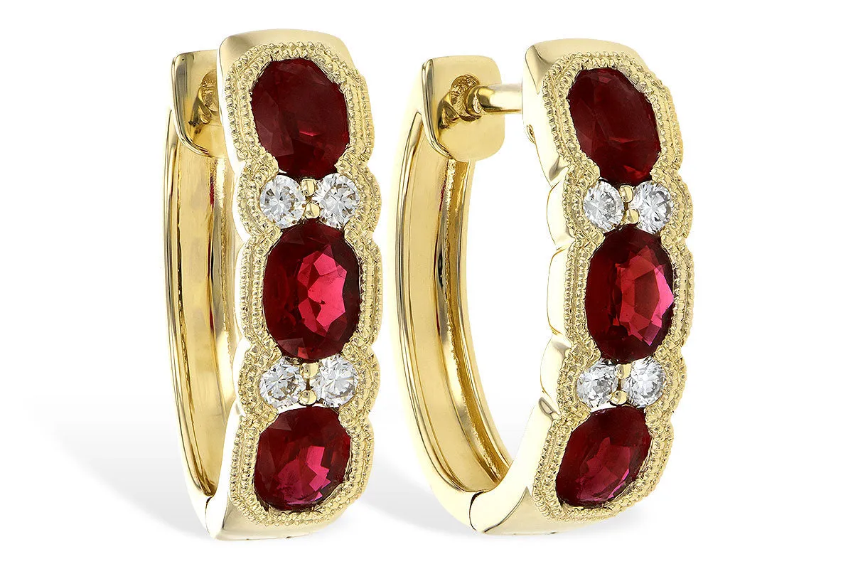 14K Yellow Gold Vintage Inspired Oval Ruby & Diamond Huggie Earrings