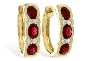 14K Yellow Gold Vintage Inspired Oval Ruby & Diamond Huggie Earrings