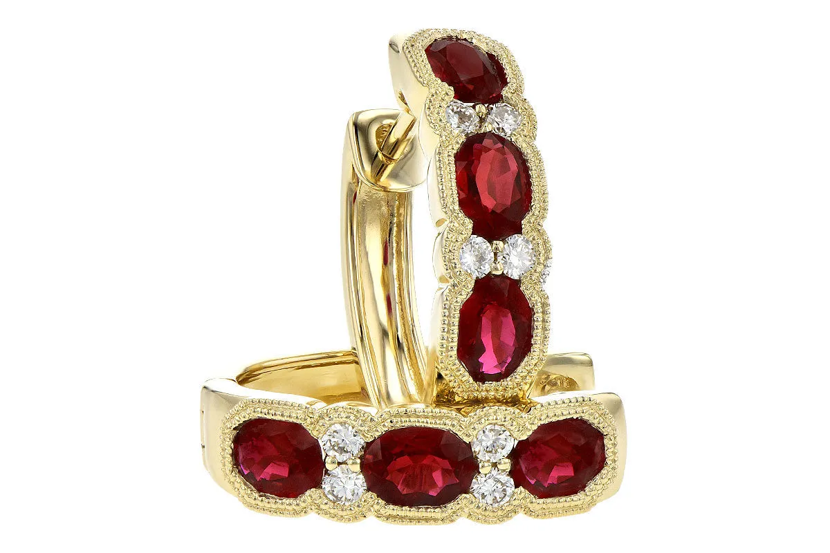 14K Yellow Gold Vintage Inspired Oval Ruby & Diamond Huggie Earrings
