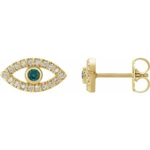14K Yellow Natural Alexandrite & Natural White Sapphire Evil Eye Earrings