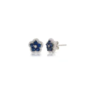 14KT WHITE GOLD BLUE SAPPHIRE & DIAMOND FLOWER STUDS
