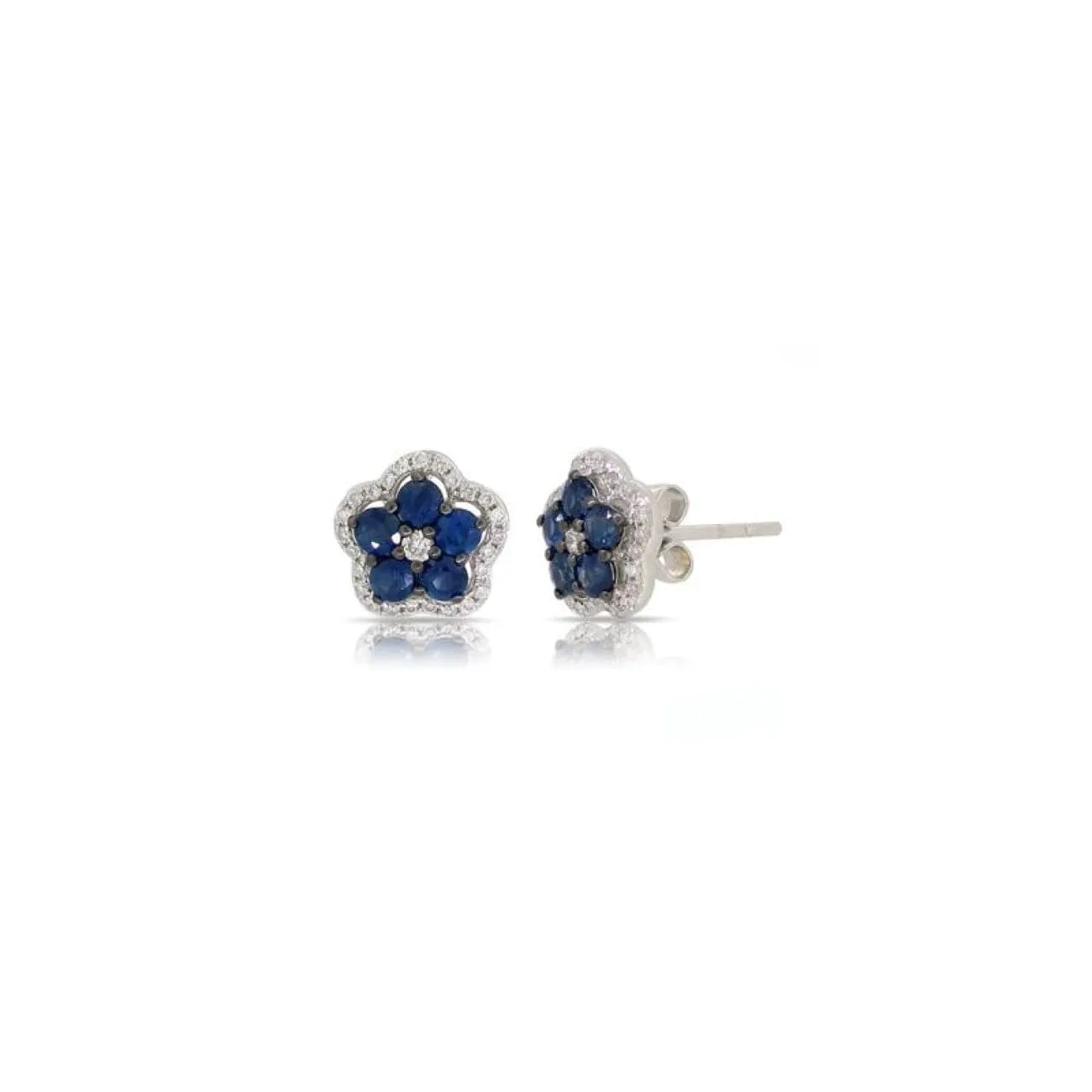 14KT WHITE GOLD BLUE SAPPHIRE & DIAMOND FLOWER STUDS