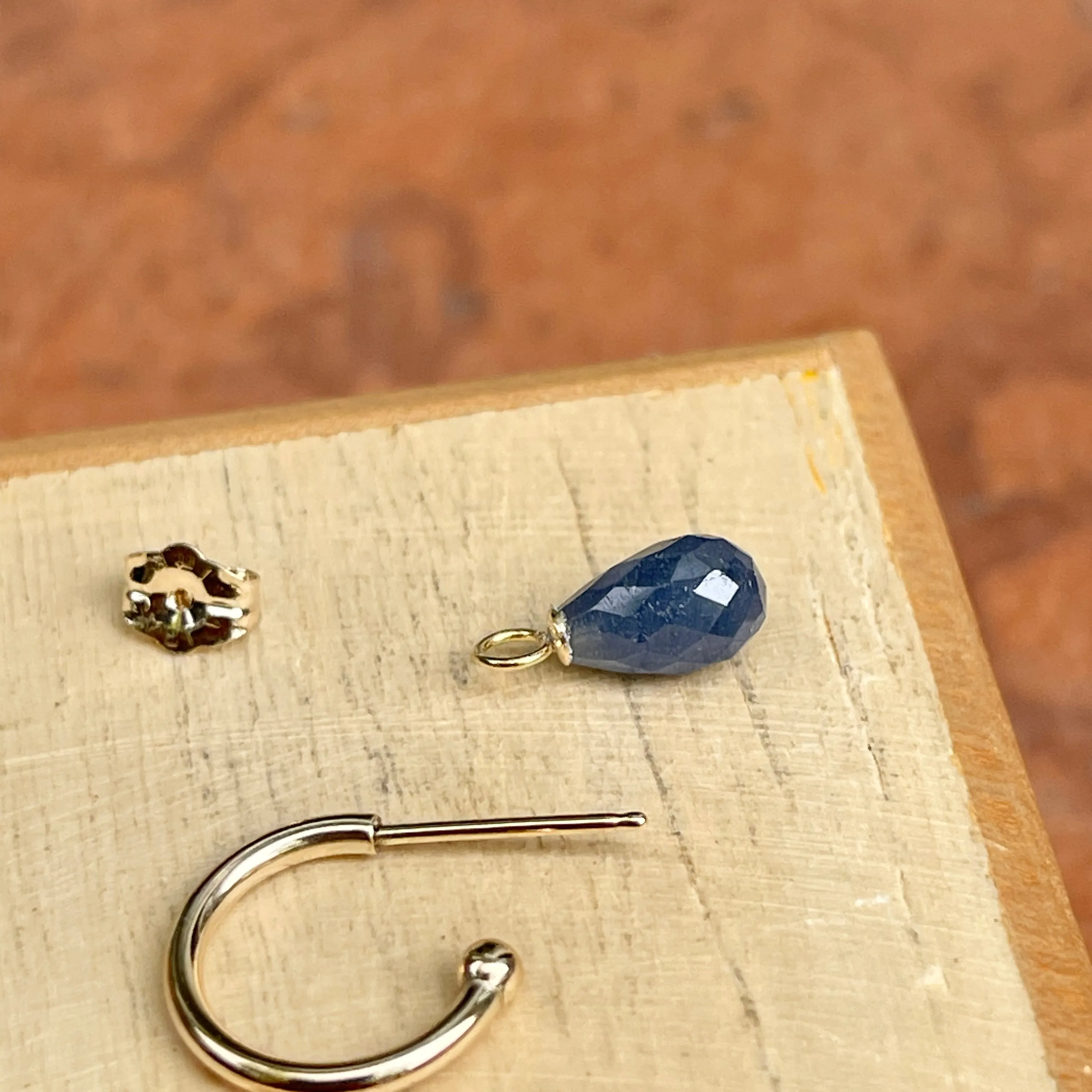 14KT Yellow Gold Teardrop Blue Sapphire Charm Hoop Earrings