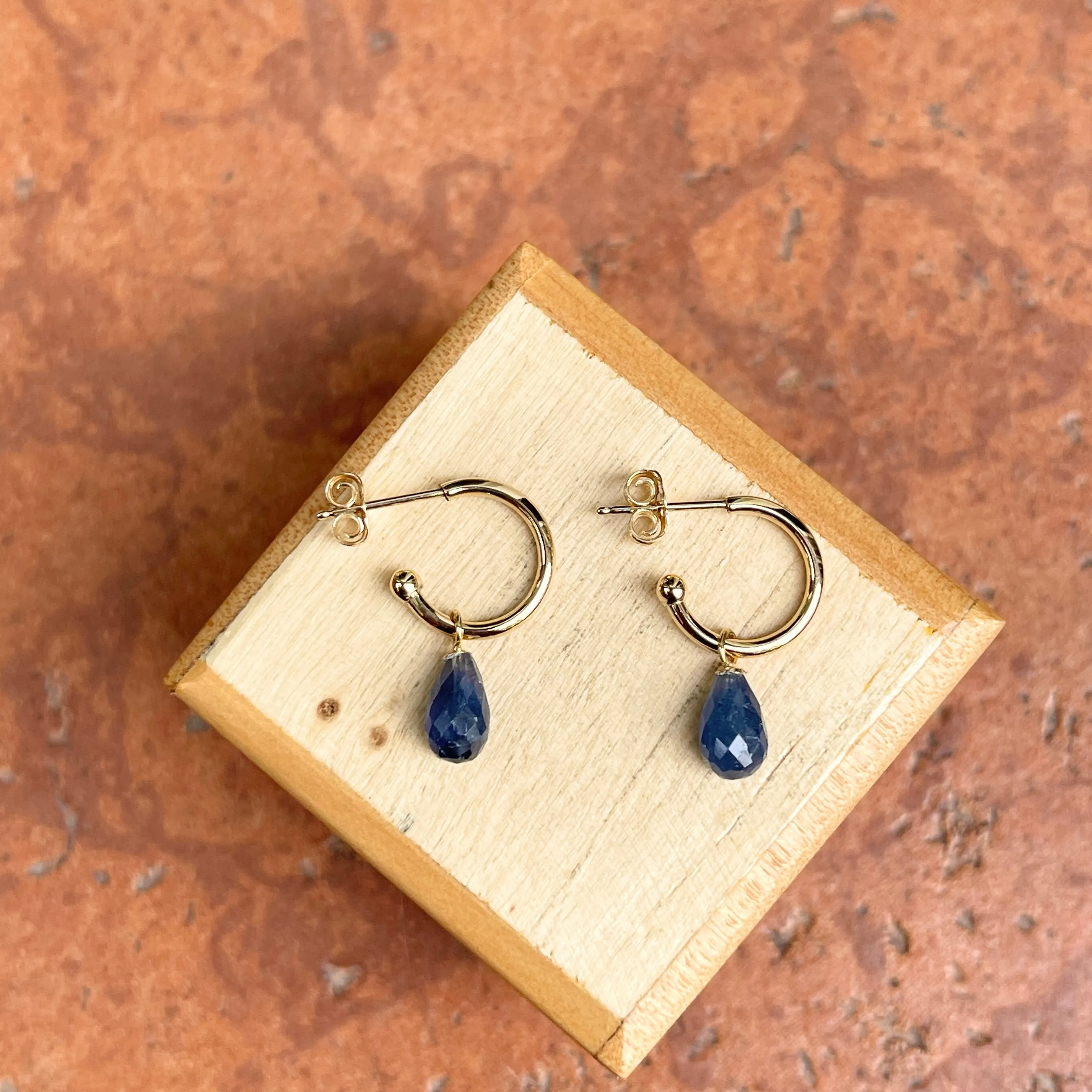 14KT Yellow Gold Teardrop Blue Sapphire Charm Hoop Earrings
