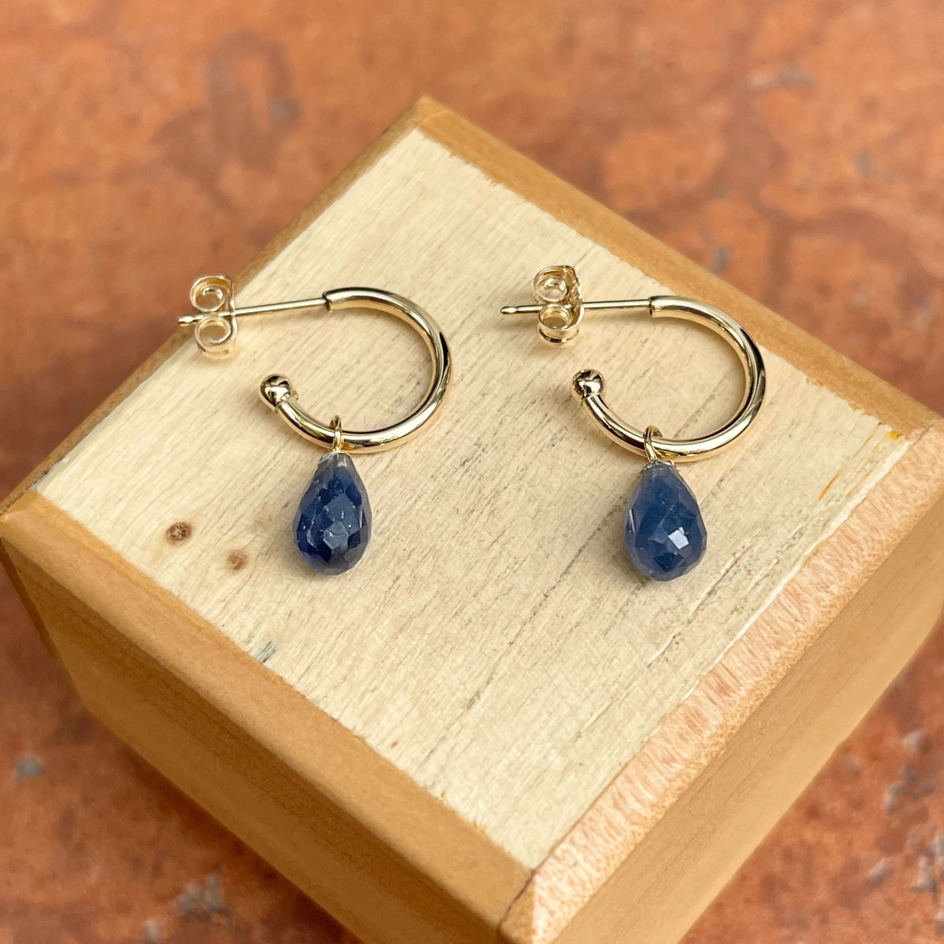 14KT Yellow Gold Teardrop Blue Sapphire Charm Hoop Earrings
