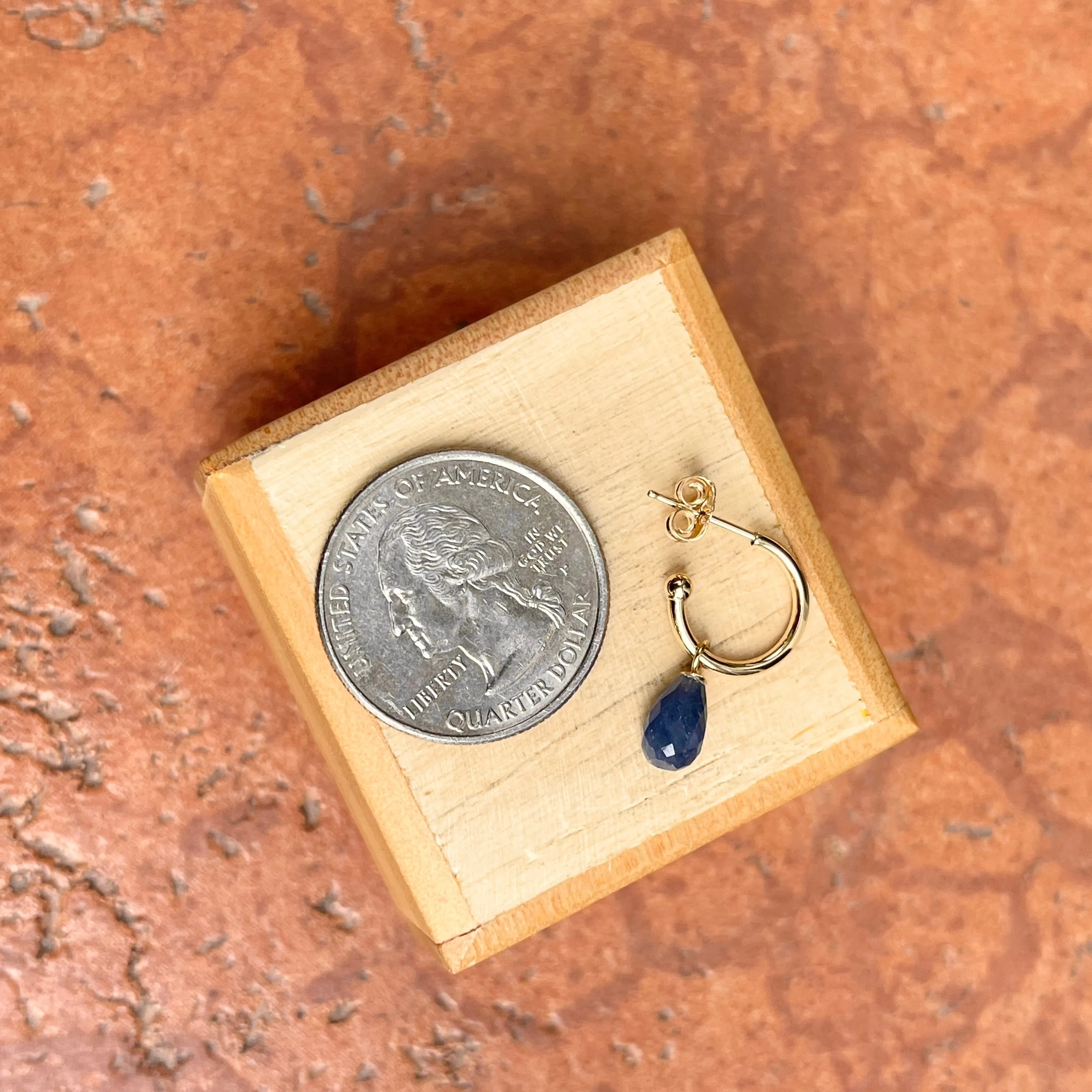 14KT Yellow Gold Teardrop Blue Sapphire Charm Hoop Earrings