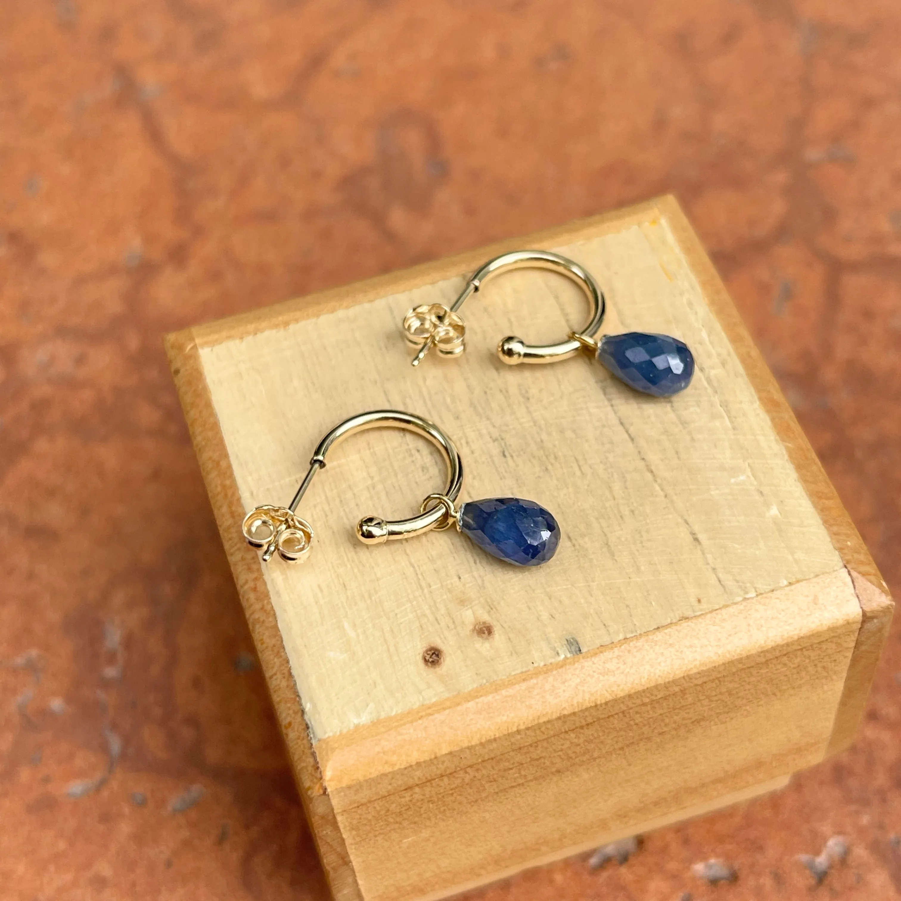 14KT Yellow Gold Teardrop Blue Sapphire Charm Hoop Earrings