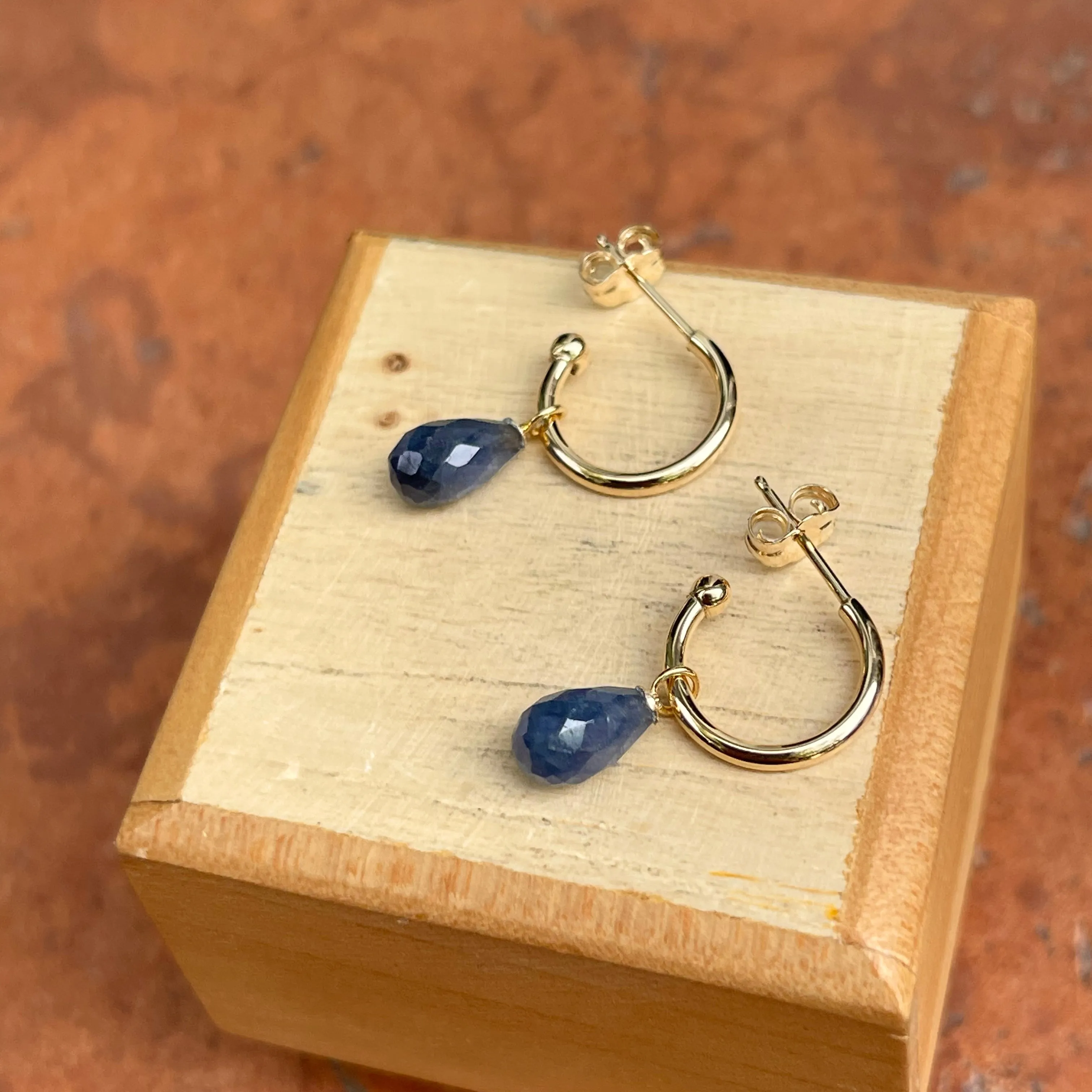 14KT Yellow Gold Teardrop Blue Sapphire Charm Hoop Earrings