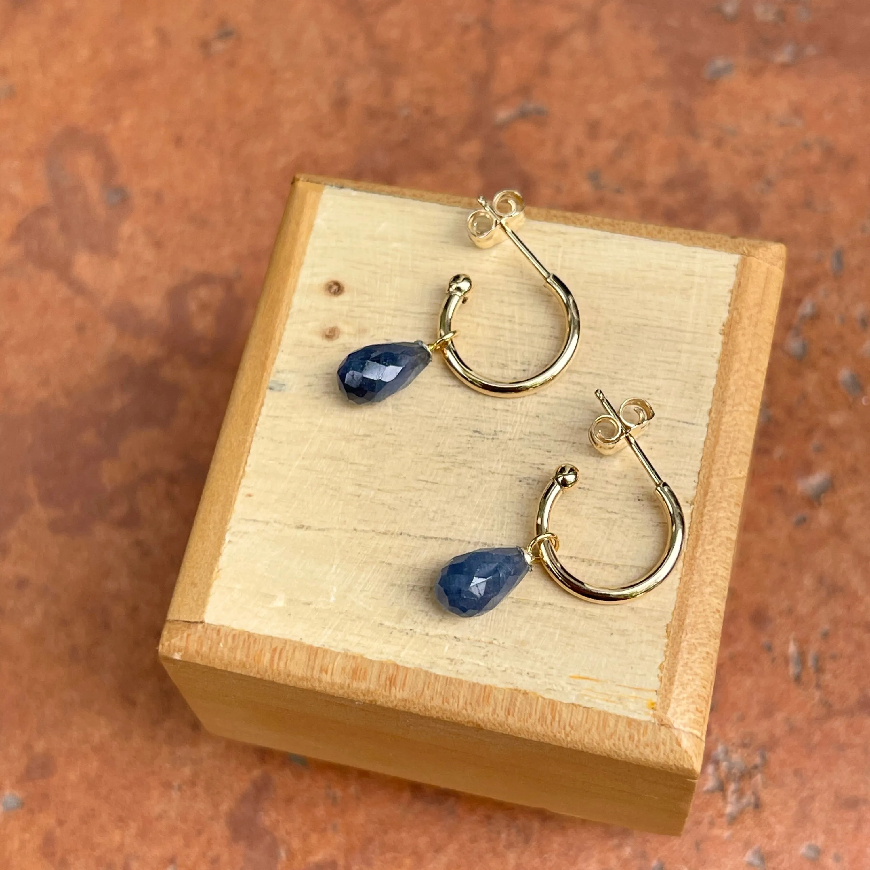 14KT Yellow Gold Teardrop Blue Sapphire Charm Hoop Earrings