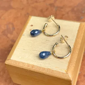 14KT Yellow Gold Teardrop Blue Sapphire Charm Hoop Earrings