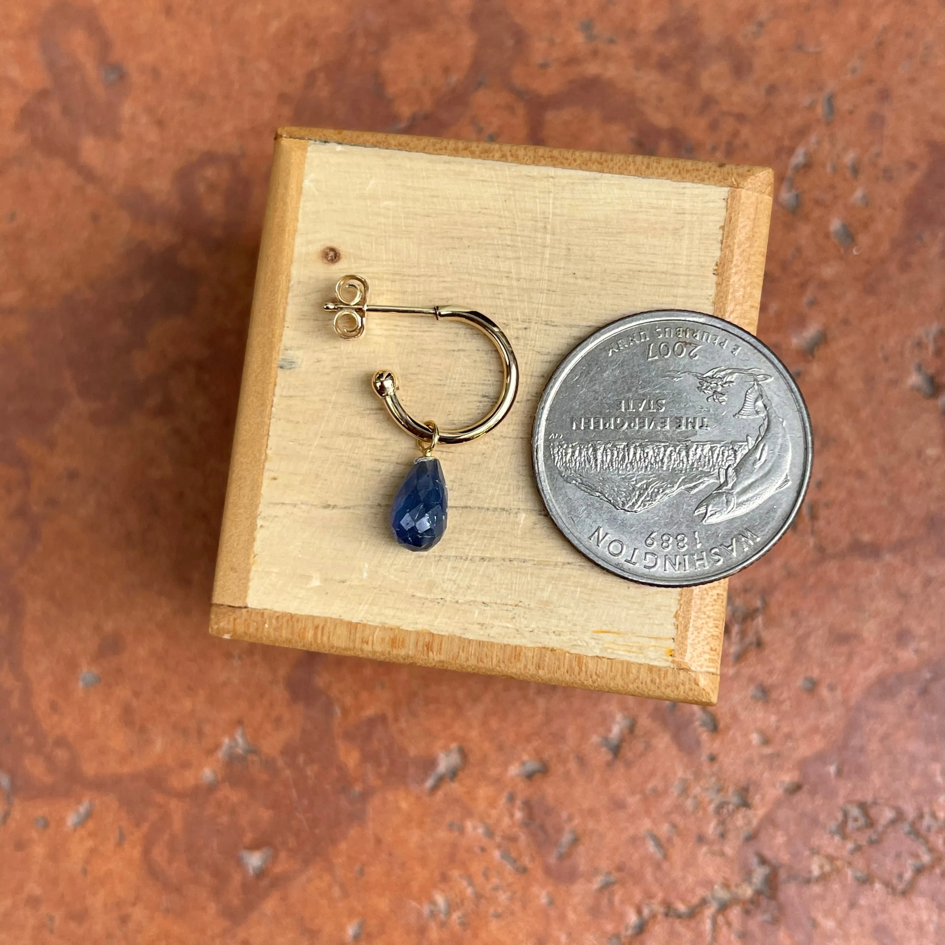 14KT Yellow Gold Teardrop Blue Sapphire Charm Hoop Earrings