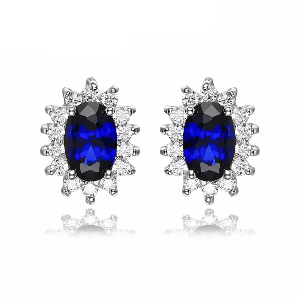 1.5ct Oval Blue Sapphire Earrings Stud 925 Sterling Silver Fashion Princess Diana Engagement Wedding Accessories