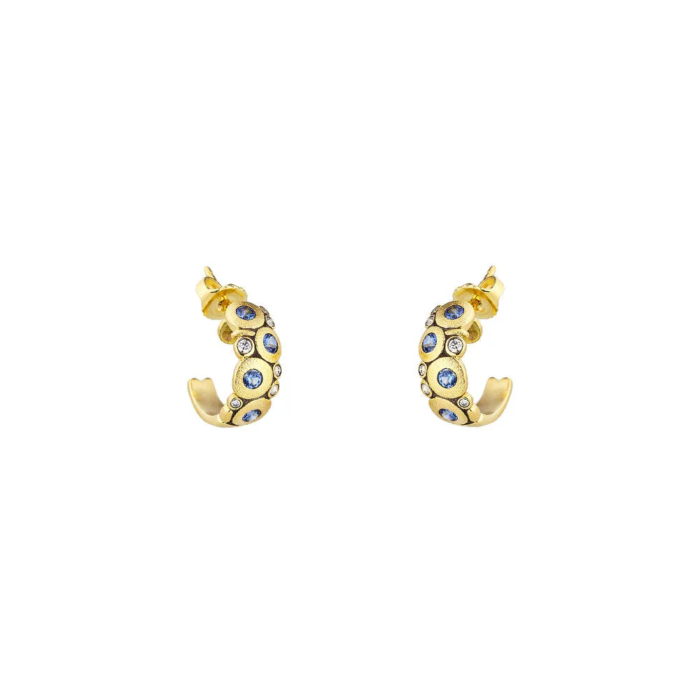 18 Karat Yellow Gold Candy Hoop earrings with Blue Sapphires and Diamonds