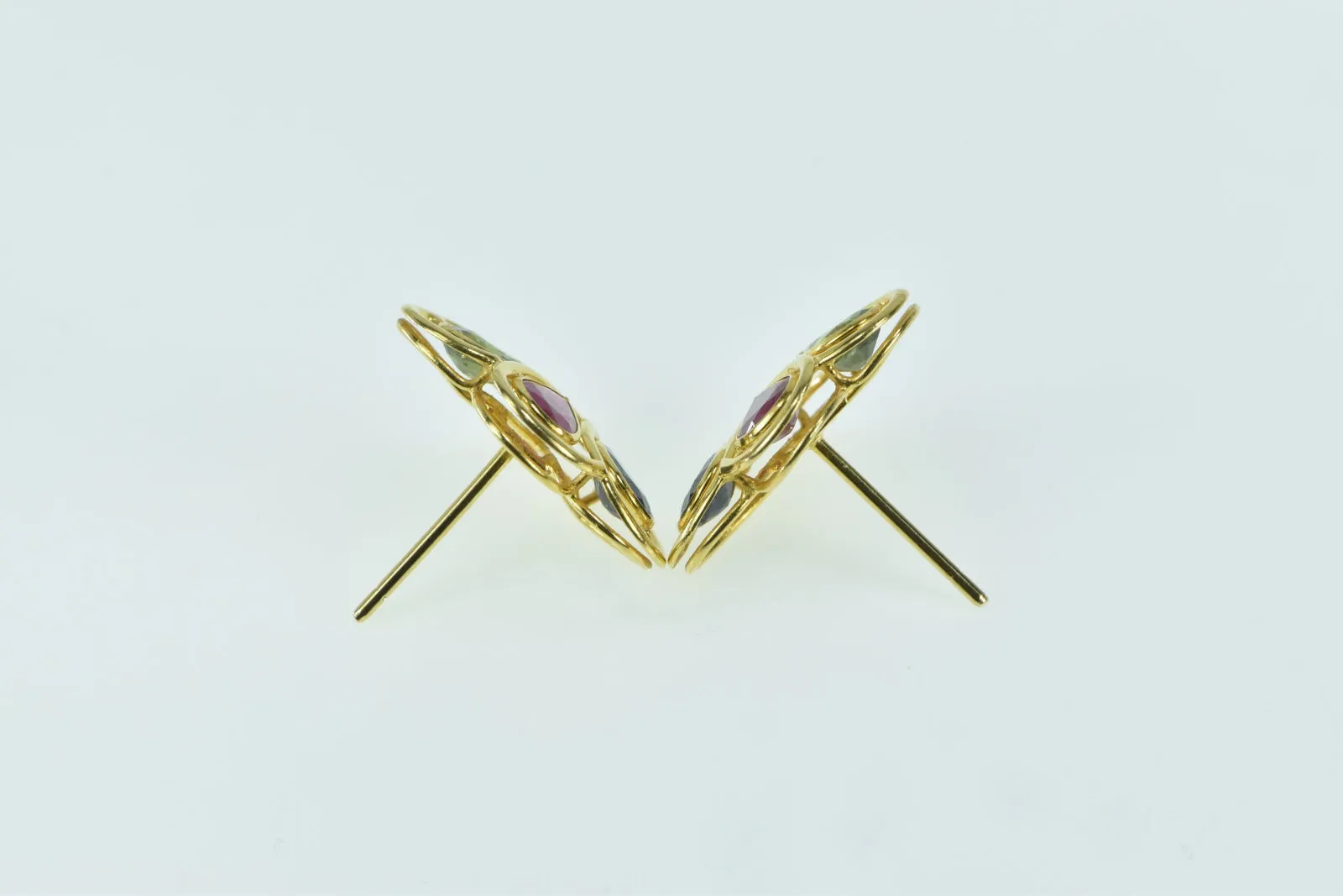 18K Pear Sapphire Ruby Peridot Flower Stud Earrings Yellow Gold
