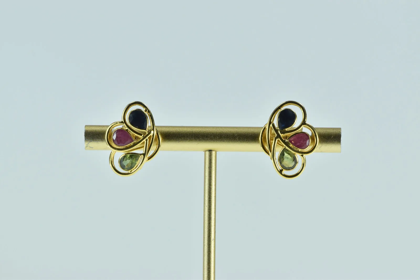 18K Pear Sapphire Ruby Peridot Flower Stud Earrings Yellow Gold