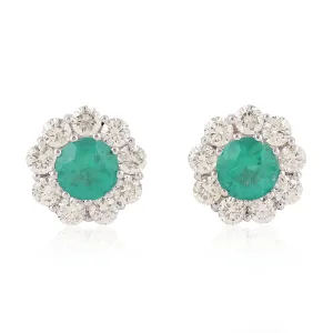 18K Solid White Gold Round Emerald Prong Diamond Flower Stud Jewelry For Her