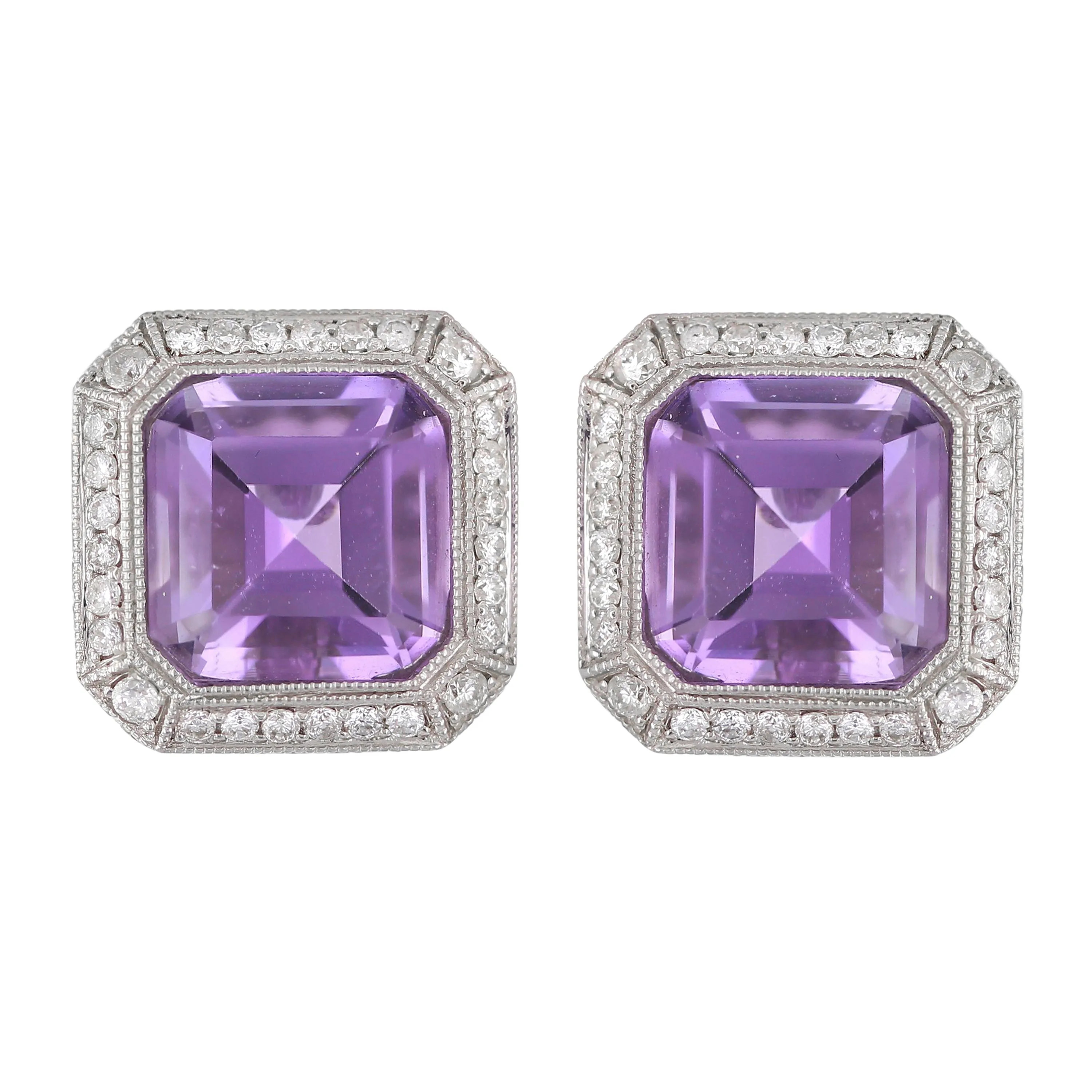 18k White Gold Amethyst & Diamond Halo Cushion Stud Earrings