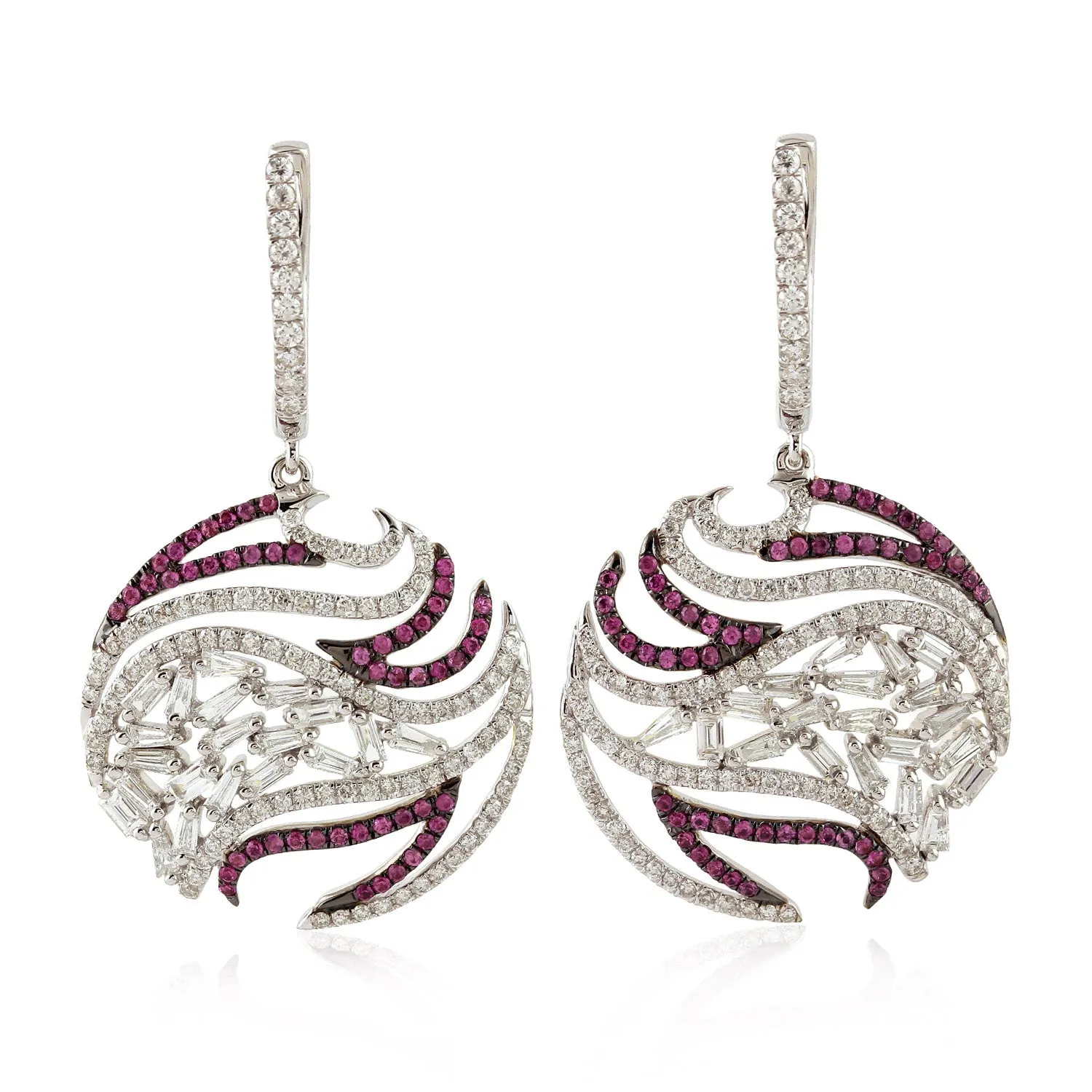 18K White Gold Pave Pink Sapphire Prong Uncut Diamond Cluster Earrings